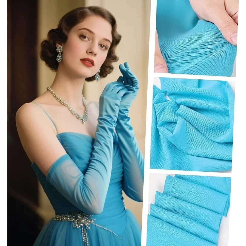 Women's Baby Blue Tulle Long Satin Gloves Evening Elbow Length Party Costumes